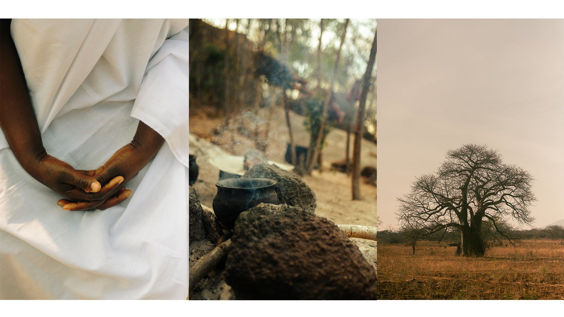 A triptych featuring a traditional Tanzanian healer, a pot in a village setting, and a tree not far from Ubuyu, a Banyan Tree Escape